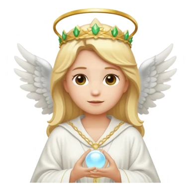 Emoji-style angel: blonde hair, laurel crown, halo, white wings, white robe, glowing orb, soft cute emoji look. sticker