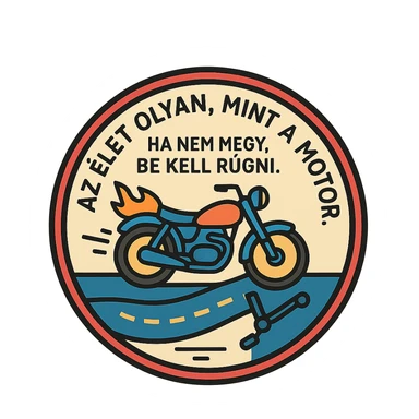 circular design for motorcycle cap, text 'Az élet olyan, mint a motor. Ha nem megy, be kell rúgni.', motorcycle motifs including motor, kickstarter, flames, road, humorous style sticker