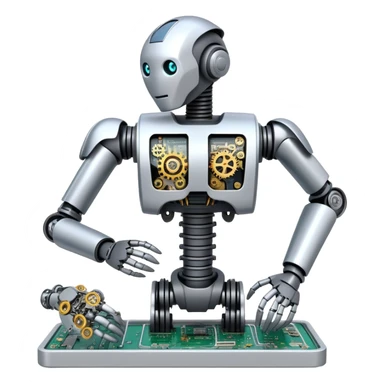 An icon featuring a humanoid robot assembling parts with mechanical arms, a circuit board in its chest, and a conveyor belt in the background. The design includes gears, sensors, and a robotic claw, symbolizing robotics innovation and automation. Transparent background sticker
