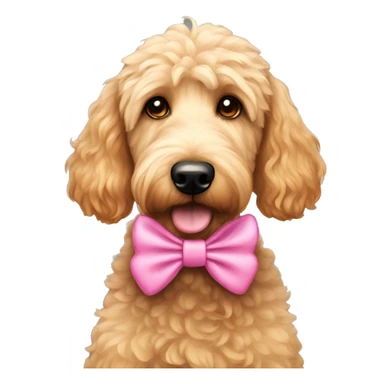 Golden doodle wearing a pink bow sticker