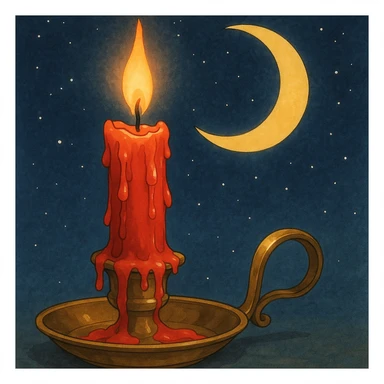 ghibli style dripping red candle in a gold holder with a crescent moon in the background sticker