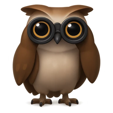 Сова смотрит в прямо на зрителя в бинокль, прозрачный фон sticker