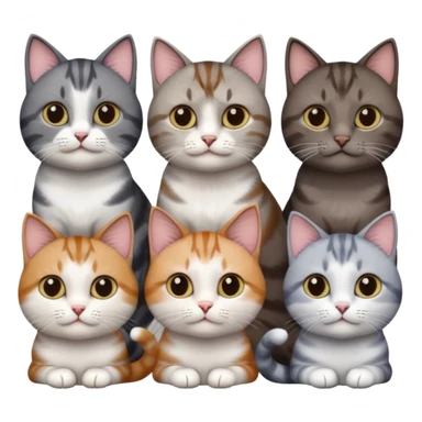 4 different coloured short haired cats including; a dark brown tabby and white cat, and a dark grey and white  sticker