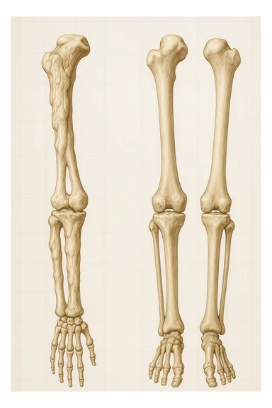 A highly realistic medical illustration focusing on a human arm and leg bones affected by melorheostosis. The bones appear visibly thickened, irregular, and larger than normal, with clear, layered bone growth resembling melted wax dripping down the side of the bones. The image shows a side-by-side comparison with a healthy bone for clarity, highlighting the difference in size and texture. The color palette includes neutral bone colors with subtle shading to show the abnormal contours and ridges. The background is clean and minimalistic, with faint anatomical grid lines for a scientific, educational feel. The overall mood is informative and precise, conveying the key visual characteristic of melorheostosis: progressive bone thickening that makes bones visibly larger and irregular. sticker