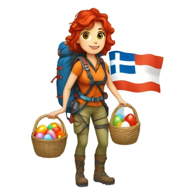 Female winter mountain climber red loose hair climbing with Greek flag on backpack and holding Easter eggs basket sticker