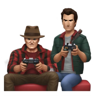 Freddy Krueger and Ash Williams and Jason Voorhees playing a video game sticker