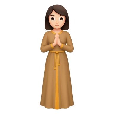 Show the woman standing and praying from the front view, wearing a long tan dress, with dark brown hair, in emoji style. Remove the background. sticker