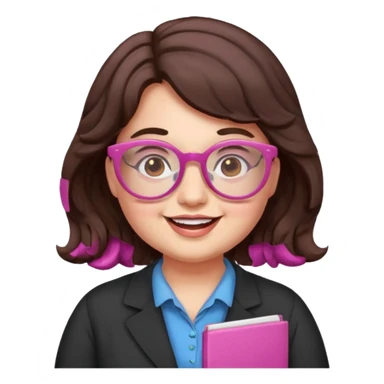 happy chubby English teacher, pink glasses, wavy dark brown hair, face only, classroom background, emoji style, online class setting sticker