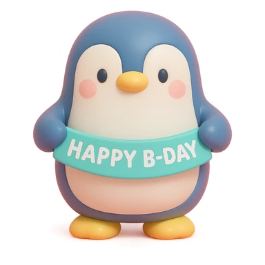 penguin holding a "Happy B-Day" banner, vinyl figure style sticker