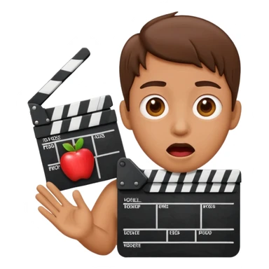 surprised emoji with expressive face, movie clapperboard with a red X, apple emoji style sticker
