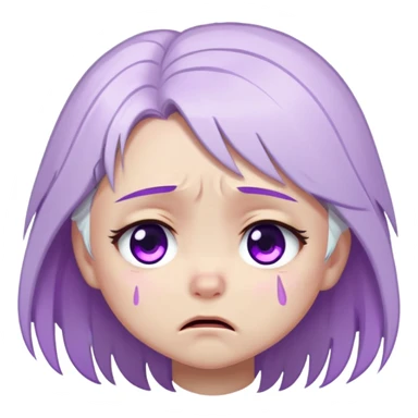Chibi Sable Ward crying, teary eyes, pouty mouth, tears falling, white hair with purple streaks, fully purple eyes, sad expression sticker