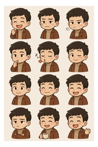 Convert the image into a set of chibi stickers (4x4 grid) outfit similar to this one including expressions of laughing being angry, crying, sulking, thinking, being sleepy, blowing kiss,winking, being suprised sticker