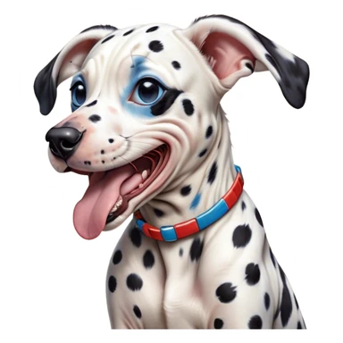 Cinematic Cute Yawning Harlequin Dalmatian Portrait Emoji, Head tilted slightly with a dramatic, wide-open yawn, showcasing a smooth Fur of predominantly white with bold black patches, floppy ears slightly drooping, round blue eyes barely open in drowsy contentment, Simplified yet irresistibly adorable features, highly detailed, glowing with a soft, cozy glow, high shine, relaxed yet expressive, stylized with a touch of whimsy, bright and endearing, soft glowing outline, capturing the essence of a sleepy yet affectionate guardian, so drowsy it feels like it could stretch out of the screen and curl up for a nap! sticker