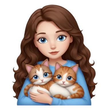 girl with long wavy brown hair, blue eyes, long lashes makeup, cuddling with 6 cute cats sticker