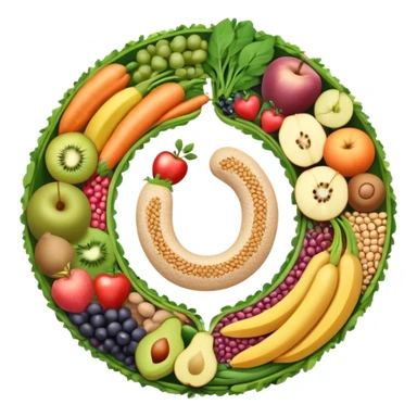 Dietary fiber concept with whole grains, fruits, vegetables and legumes arranged in a circular pattern, with a stylized intestine in the center showing fiber passing through, surrounded by small arrows indicating movement and digestion sticker