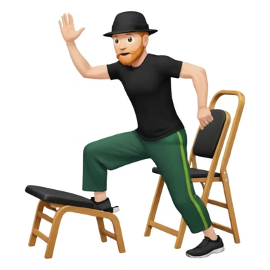 גבר זקן ג'ינג'י מלא כובע שחור הפוך חולמה שחורה ומכנסיים ירוקות ארוכות מבצע תרגיל לאנג' בתמיכת כיסא מהצד שתי רגליים על הרצפה מח^זיק כיסא בידו  תמיכה קלה ידו על משענת הכיסא sticker