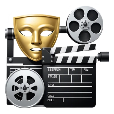Icon for Acting in Theater and Movie: a stage with a spotlight and cinema, a film camera, a clapperboard and a dramatic mask. The design should represent both theatrical performance and cinematic art. Transparent background. sticker