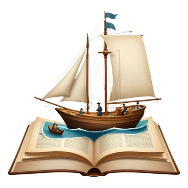 Icon for Reading Fiction: a large open book with pages turning, a sailboat sailing across the pages, Musketeers on horseback, Sherlock Holmes and other literary elements. The icon should evoke the adventurous spirit of storytelling. Transparent background. sticker