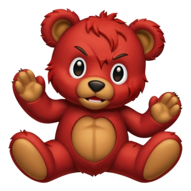 A red devil tearing up a brown teddy bear sticker
