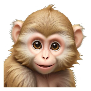 Cinematic Cute Macaque Portrait Emoji, Head tilted playfully and inquisitively, with a charmingly mischievous face accented by soft, fuzzy fur and round, sparkling eyes filled with curiosity, Simplified yet irresistibly adorable features, highly detailed, glowing with a warm, friendly glow, high shine, affectionate and lively, stylized with a touch of primate whimsy, bright and endearing, soft glowing outline, capturing the essence of a playful macaque that seems as if it could jump out of the screen into your arms! sticker