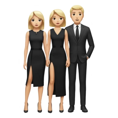 Blonde woman, black, Long, tight, sleveless Dress, Slot left Leg,man in suit, fly sticker