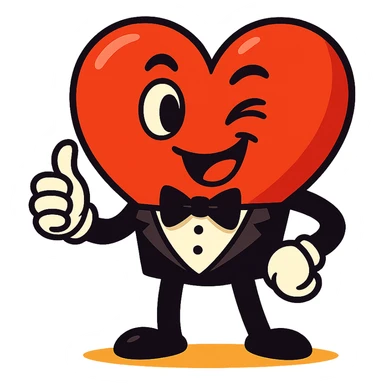 cartoon heart character in a tuxedo, winking and giving a thumbs up, vibrant and playful style, perfect for wedding stickers sticker