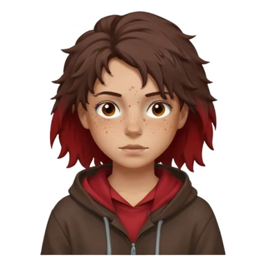 Hobo tomboy with light skin, freckles, dark brown shoulder-length hair in a messy style, brown eyes, dark brown hoodie, dull red shirt. sticker