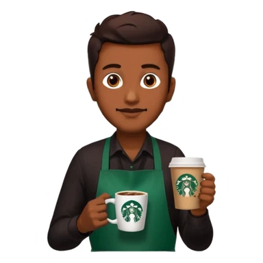 create a sticker of my male bangladeshi friend who is supervisor at starbucks plus coffemaster so black apron woth coffeemaster on it and starbucks logo sticker