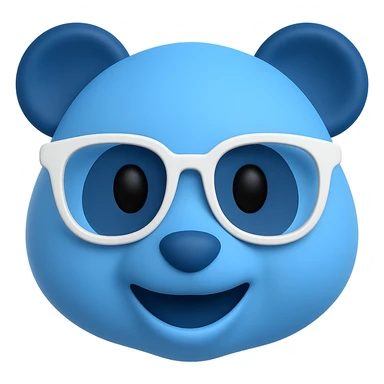 Create a 3D emoji of a panda face inspired by the classic panda emoji style, in IK blue color, wearing stylish white designer glasses. Keep the look playful and modern with a smooth 3D finish. Remove the background completely. sticker