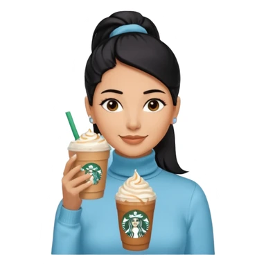  tan skin woman with long face, and very short black hair slicked back ponytail with forehead showing, wearing solid pastel blue turtleneck shirt, drinking starbucks caramel frappuccino, smiling with middle parted hair sticker