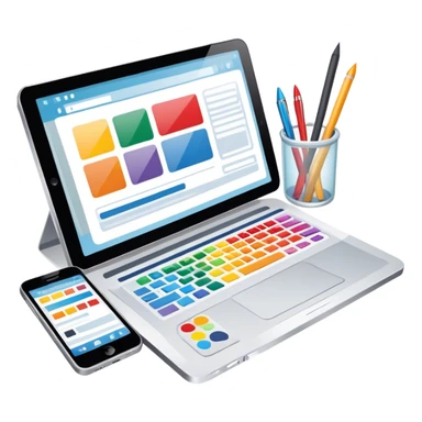 Modern icon for Web Design: a computer and smartphone or tablet screen displaying a website layout, HTML code, and design tools like a stilus and color palette. Transparent background. sticker