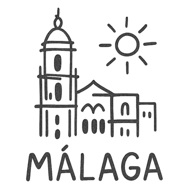 icon of Málaga highlighting the cathedral tower and a sun, flat outlined icon style sticker