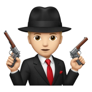 Mafia enforcer, suit and tie, black hat, gun sticker