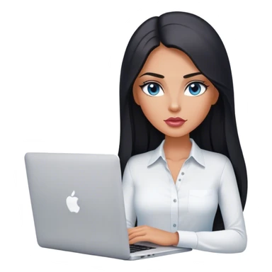 Glamours tanned very beautiful girl with pump slightly rose/nude lips and black straight smooth long hair, blue-grey eyes in white shirt with MacBook. sticker