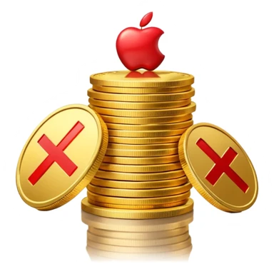 A stack of shiny gold coins without any symbols on top, crossed by a red prohibition sign (no symbol). Apple Emoji style, 3D look, soft reflections, clean white background, high-quality rendering, realistic lighting and shadow, smooth gradients, no text or logo. sticker