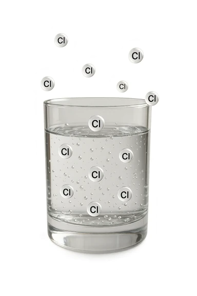 un bicchiere di acqua fluttua in aria realistico e dettagliato, dentro l'acqua del bicchiere ci sono particelle di cloro ben visibili con la scritta "Cl" sopra, ci sono particelle anche che escono dal bicchiere e fluttuano in aria verticalmente, mentre alcune sono all'interno dell'acqua nel bicchiere, iperrealistico 4k sticker