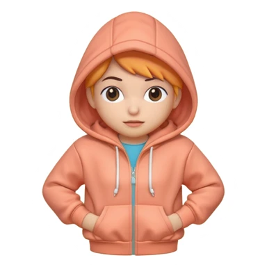 A 3D cartoon peach-coral hoodie with soft folds, drawstrings, and a casual fit, isolated plain background, Memoji-style. sticker