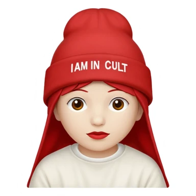 Red hat that says "I AM IN A CULT" in white text sticker