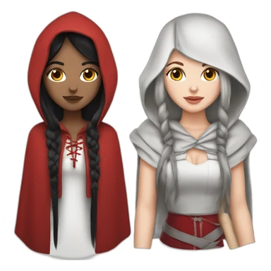 White girl long straight black hair with white streak hair and red ridding hood sticker