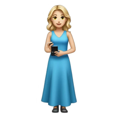 a white girl in a blue dress holding a cell phone sticker