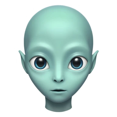 Portrait of an alien with smooth greenish-blue skin, large black oval eyes, small nose, and no visible ears, elongated head, front-facing, calm expression, soft glow, simple futuristic design sticker