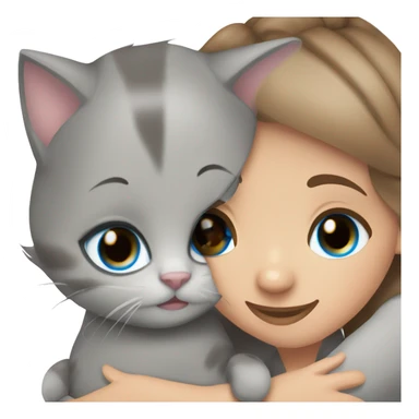 blue eyes grey kitten with two brown hair girls hugs sticker