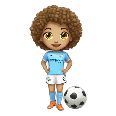 girl with short curly brown hair and eyes wearing Manchester City football shirt, fluro orange soccer boots, standing with a soccer ball sticker