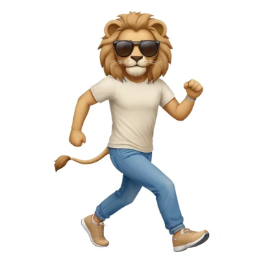 friendly anthropomorphised lion in jeans and a t-shirt, wearing dark sunglasses, jogging upright in relaxed pose sticker