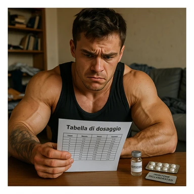 young athlete with swollen muscles but marked skin consulting dosage table in Italian, vial labeled 'Testosterone' and blister pack labeled 'Inibitore dell'aromatasi' on table, worried expression, messy room background, 4K quality sticker