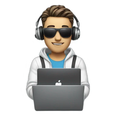 futuristic realistic animated man, video editor with black sunglasses, gray laptop in hand, headphones around his neck sticker