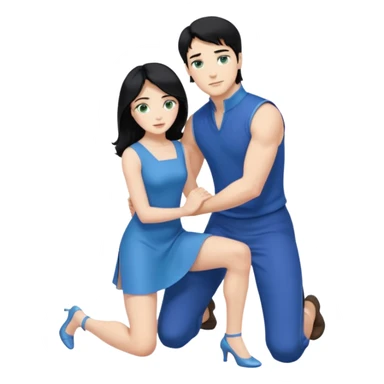 prince, upright, black Hair, blue eyes, blue garment,  Woman, blonde Hair, Green eyes, bending knee, sleveless, white Dress, sticker