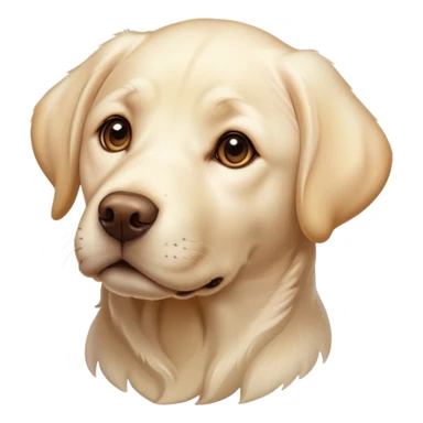 Cinematic Cute Cream Labrador Portrait Emoji, Head tilted playfully and inquisitively, featuring a silky cream Fur with a gentle sheen, round, sparkling warm eyes filled with curiosity, Simplified yet irresistibly adorable features, highly detailed, glowing with a warm, friendly glow, high shine, affectionate and spirited, stylized with a touch of whimsy, bright and endearing, soft glowing outline, capturing the essence of a mischievous yet loving companion, so playful it feels like it could dash out of the screen and into your arms! sticker