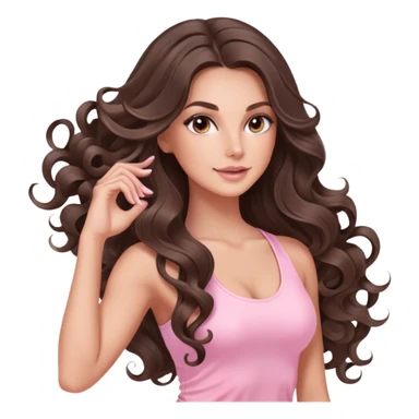 beautiful brunette with a light balayage white girl with nice defined and long curls , very long hair, clean girl makeup STRETCHING IN LIGHT PINK GYM sticker