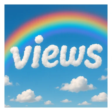 A cloud formation shaped like the word "views" with a rainbow background sticker